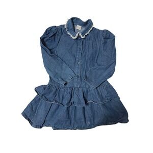 Vtg Oshkosh? Girls Blue Denim Tiered Ruffle Dress Lace Collar Puff Sleeve Size 6